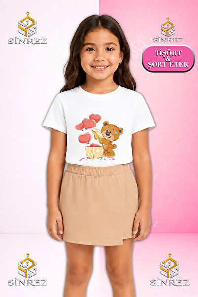 SİNREZ Set pentru fete BEAR BOX HEARTS Tricou cu mânecă scurtă imprimat Fustă...