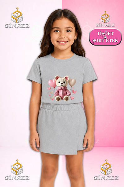 SİNREZ Girl's Set with Teddy Bear and Pink Balloon Printed Short Sleeve T-Shi...