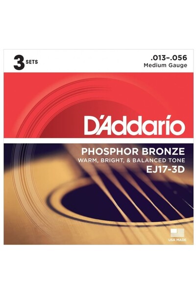 Daddario أوتار جيتار أكوستيك من الفوسفور برونز من داداريو EJ17-3D - مقاس متوس...