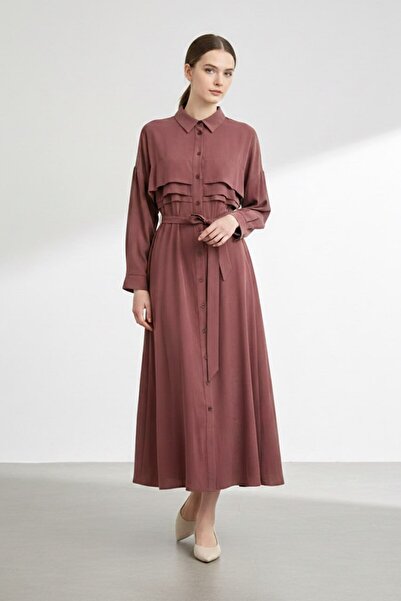Loreen Belted Dress with Ruffle Detail on the Chest - Burgundy Bordo