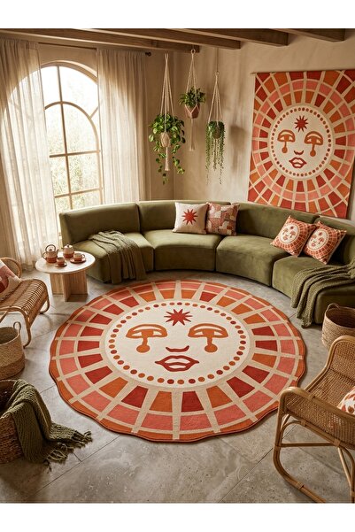 Rugs Modern Halı SDT Mistik Güneş Yüzü Desenli Turuncu Tonlu Krem Dokuma Taba...