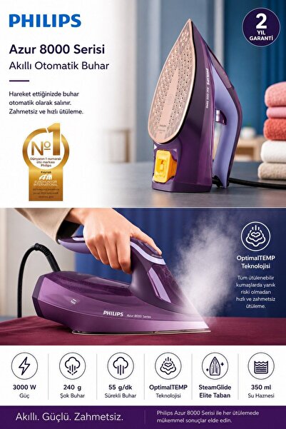 Philips Buharlı Ütü 3000 W Isı Ayarı Gerektirmeyen Harekete Duyarlı Kumaşa Gö...