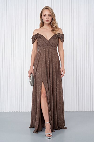 Lafaba Women's Brown Boat Neck Stone Detailed Slit Long Evening Dress