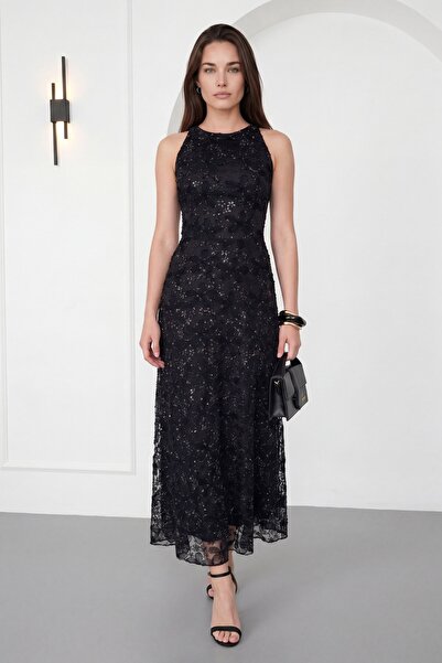 Lafaba Rochie de ocazie midi neagră, cu guler halter și imprimeu floral, pent...