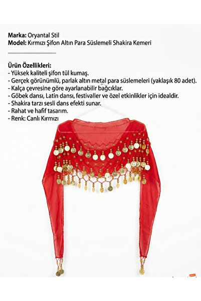 Blue Home Kırmızı Şakira Dansöz Dans Kemeri Gold Pullu Zilli Parti, Gelin Düğ...