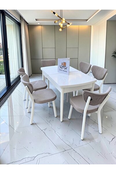 MSY HOME Alva 6 Kişilik Yemek Masası Takımı Baby Face Kumaş Beyaz 80x130 cm M...