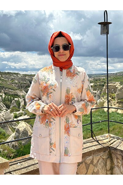 Sernisa Moda Çiçek İşlemeli Payet Detaylı Fermuarlı Tesettür İkili Takım