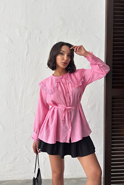Lusin Women's Pink Vintage Doll Collar Lace Belted Summer Long Sleeve Shirt T...