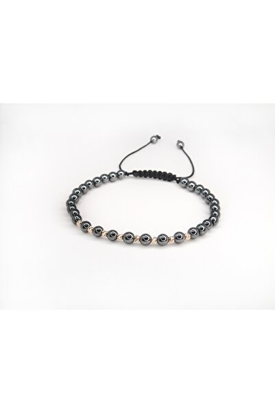 BASTORE Adjustable bracelet with 8 14k gold balls and gray hematite