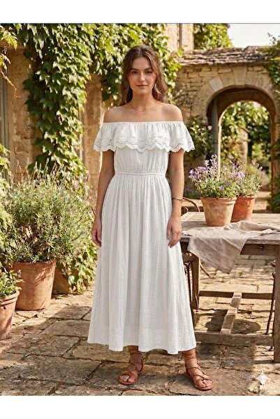 AYASOFYA OTANTIK Women's Italian White Lace Detailed Madonna Collar Lined Lon...