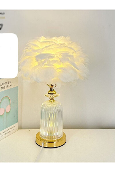 Generic White Feather Table Lamp Gold Crystal Base