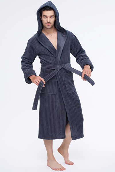 Nuşa Men's Hooded Ribbed Bamboo Cotton Soft Absorbent Luxury Bathrobe