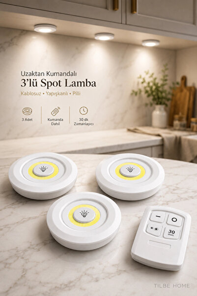 Tilbe Home 3lü Kumandalı Kablosuz Pilli LED Spot Lamba Zaman Ayarlı Dolap İçi...