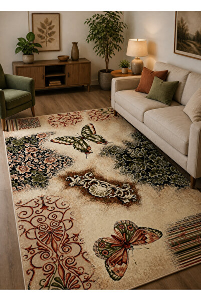 Lotos Living Room Rug, Butterfly pattern 1607, Beige/Brown