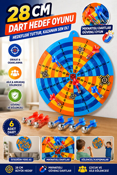 Tamsena Store 28 CM Mıknatıslı Dart Hedef Oyunu 6 Dartlı Eğlenceli Nişan Oyunu