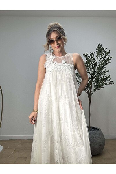 Düşes Butik İTHAL TÜL ELBİSE 3004-8-STD - Krem