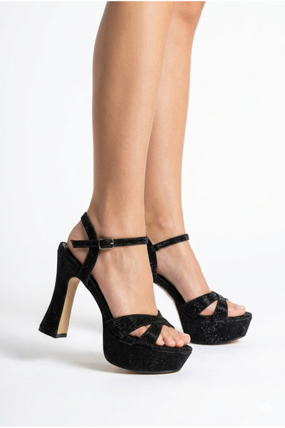 Lidora Women's Black Glittery Cross-Strapped Heeled Shoes Ayk2124