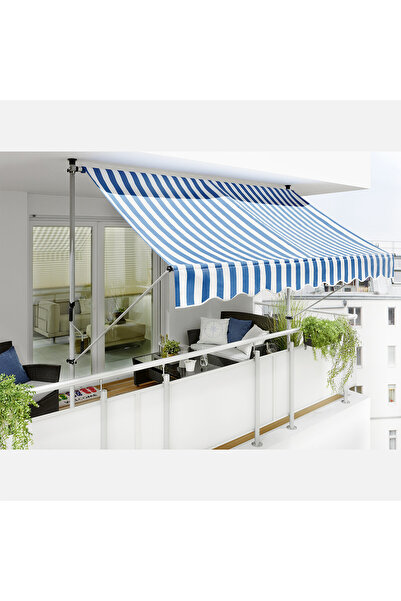 KÜSKÜ Teleskopik Tente 250x130 cm Mavi Beyaz Balkon Bahçe Güneşlik Tentesi