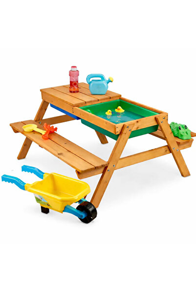 GINGER HOME Masa 2in1 din lemn pentru copii cu bancute si nisipar Lift-Up Top...