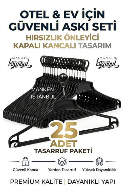 Manken İstanbul 25 Adet Otel Askısı Ev Askısı Güvenli Hırsızlık Önleyici Kapa...