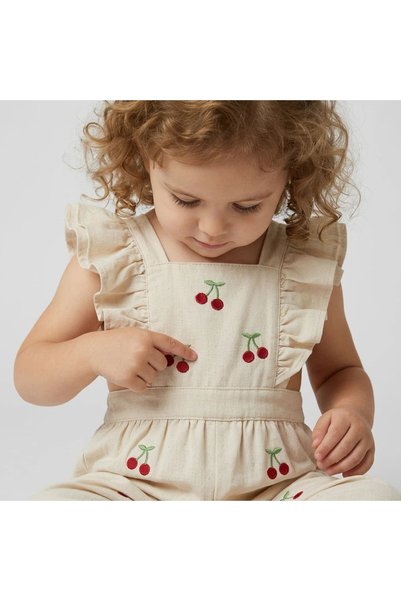 Teeny Weeny Kids Girl's Cherry Patterned Linen Jumpsuit with Back Detail