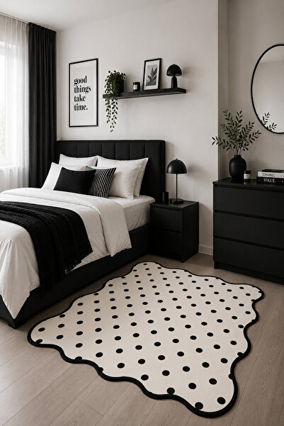 GECE HOME Dijital Kaymaz Baskılı Yıkanabilir Puantiye Desenli Salon Halısı Mu...