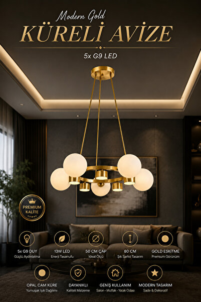 Elvora Home Modern (PREMİUM) Gold Detaylı 5+5 LED Opak Küreli Avize Salon Mut...