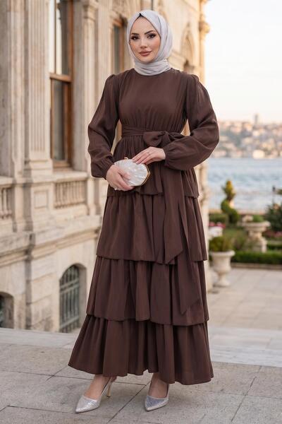 hafsamina Beli Lastikli Bağlamalı Kat Kat Modal Elbise Kahverengi HM2915