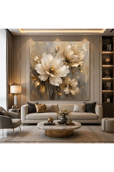 walliva Gold Çiçek Desenli Kare Kanvas Tablo | Bej Krem Modern Luxury Salon, ...