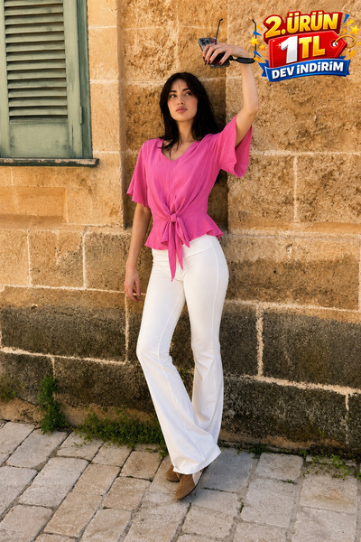 DAMGA JEANS Bluză roz elegantă, cu decolteu în V, confortabilă, de vară, pent...
