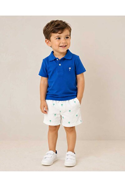 kidsense Boy's Summer Embroidery Detailed Polo Collar Palm Patterned Shorts Set