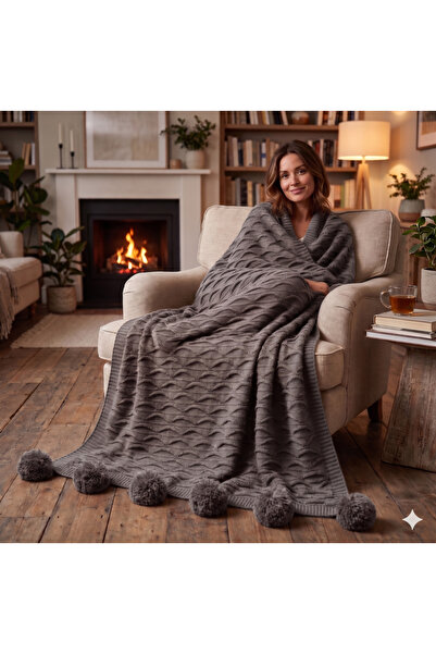 DOUX HOME Özlem Knitwear Braided Tv Blanket with 10 Pompons 130 X 170