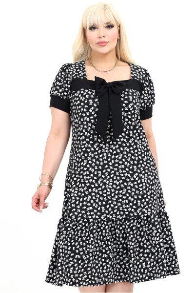 Kheos Square Neck Watermelon Sleeve Etegi Ruffle Bow Detail Floral Plus Size ...