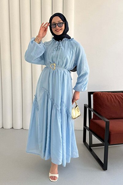 Modaensarbutik Balon Kol Tül Fırfır Detaylı Kemer Tokalı Modal Tesettür Elbis...