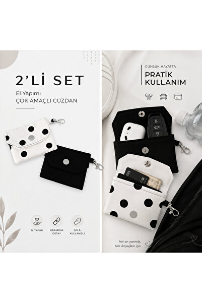 Tasarım Siyah & Puantiyeli El Yapımı Mini Cüzdan 2’li Set /Örme Kumaş/Çok Ama...