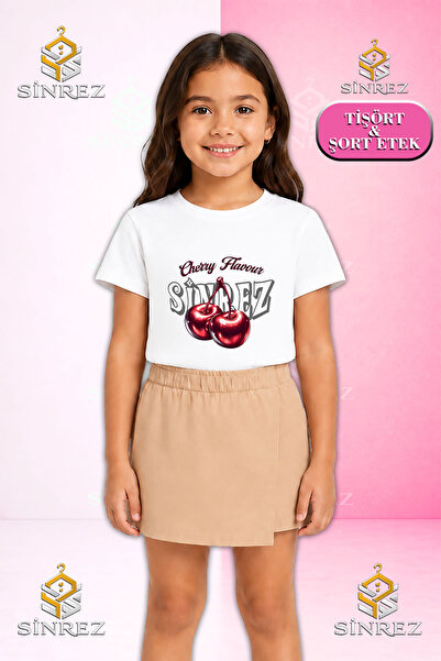 SİNREZ Girl's Set Cherry Printed Short Sleeve T-Shirt Shorts Skirt