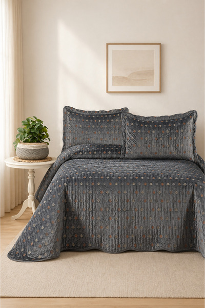 Bikaya Home Liora Double Velvet Embroidered Bedspread Set |   250X260 cm |   ...