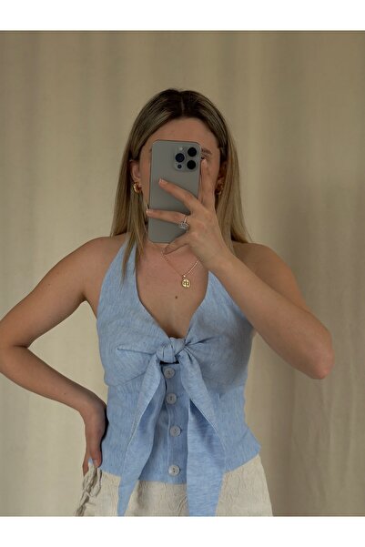 AlisBoutique Boyundan Bağlamalı Düğme Detaylı Keten Bluz