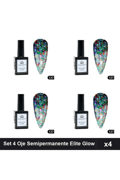 global fashion Set 4 Oje Semipermanente Elite Glow 15ml, Gel Polish UV/LED