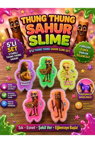 ümit toys Tung Tung Sahur Slime Kristal 5’li Set – Parlak Şeffaf Yumuşak Esne...