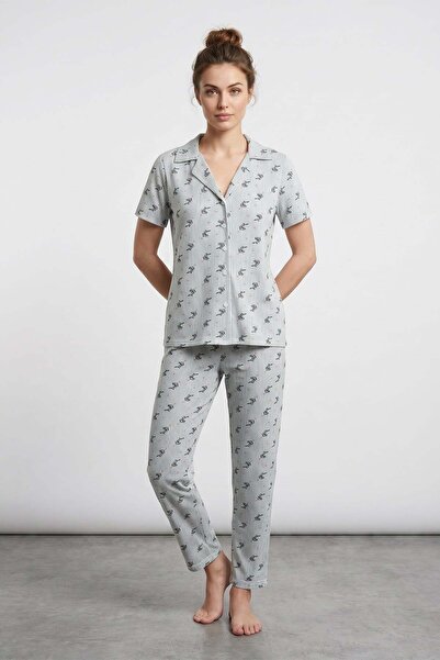 Fulla Moda Leaf and Line Patterned Shirt Collar Buttoned Pajama Set