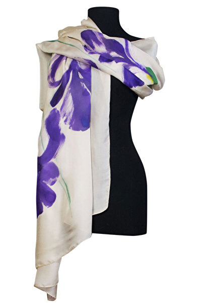 DECORESILK White silk scarf with violet irises, hand-painted – UNIQUE Product