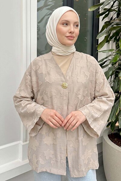 Salih Çelebi Jacquard Detailed Kimono Y0111 - Beige