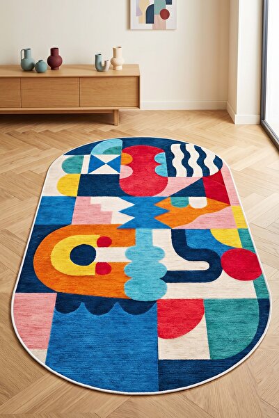 West Home Makinede Yıkanabilir Kaymaz Taban Leke Tutmaz Renkli Oval Salon Hal...