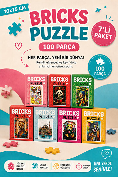 DNZt Bricks Puzzle 7’li Set 100 Parça Mini Puzzle 10x15 cm Çocuklar İçin Eğit...