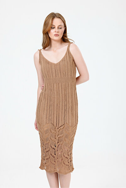 ONE WEAR Women's Light Brown Lined Summer Knitwear Dress