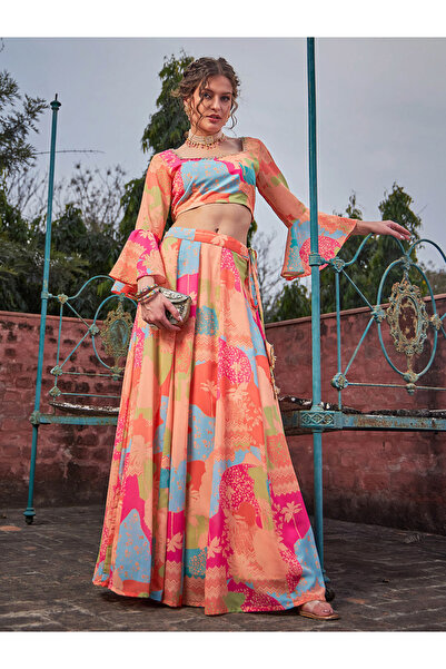 Sassafras By Styli Orange All Over Print Crop Top and Anarkali Skirt Co-Ords