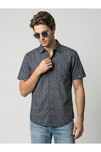 SNX By Styli Men Navy Blue Printed Short Sleeve Shirt