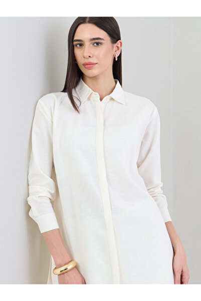 Styli Off White Solid High-Low Shirt with Concealed Placket