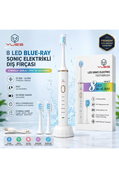 YUES GS-03T 8 LED Işıklı Beyazlatıcı Diş Fırçası Sonic Şarjlı Elektrikli Diş ...